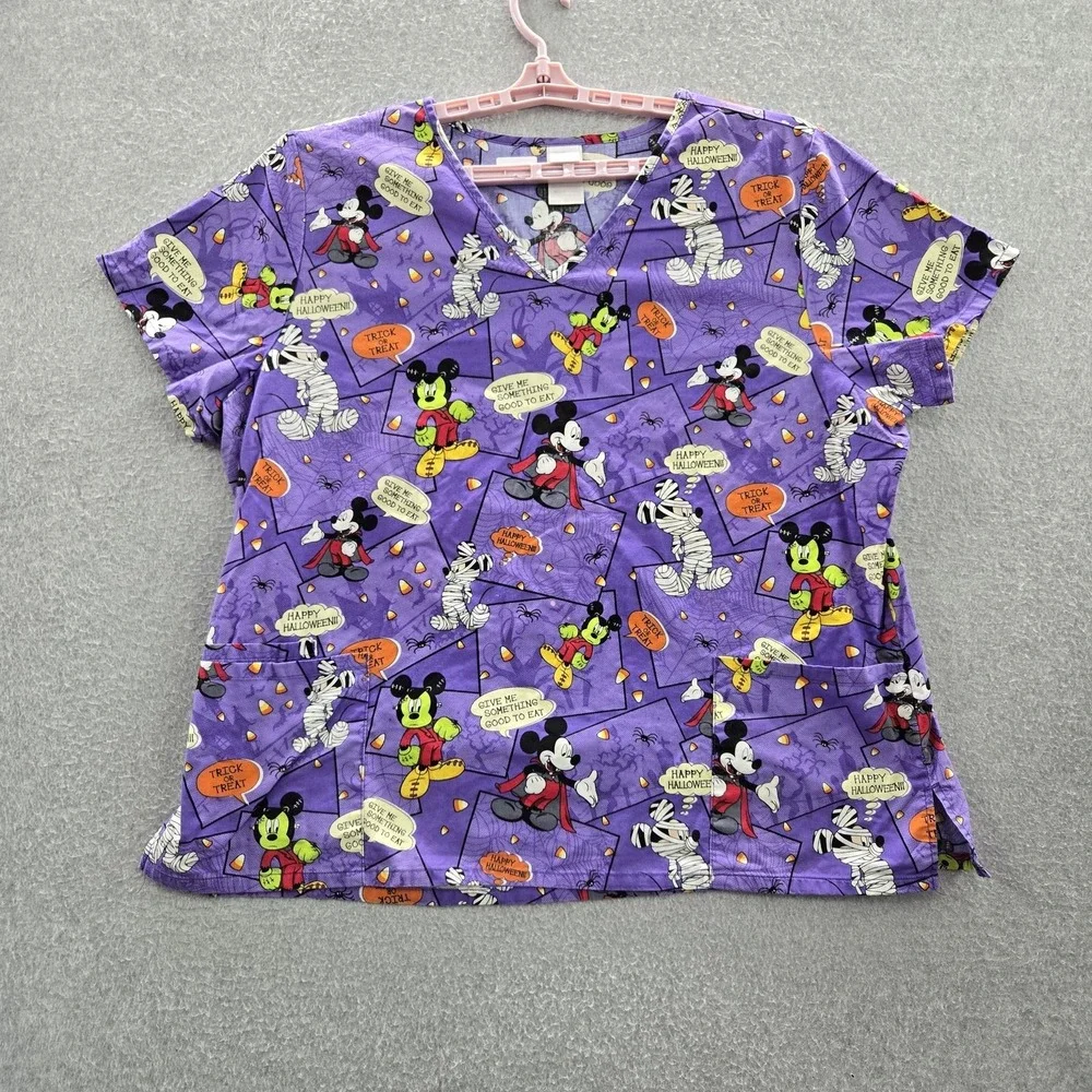 Disney Women Scrub Top‎ 2X Purple Graphic Print Mickey Mouse Halloween Logo